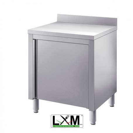 Tavolo da lavoro in acciaio Inox con porte a battente e alzatina prof. 60 cm