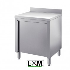 Tavolo da lavoro in acciaio Inox con porte a battente e alzatina prof. 60 cm