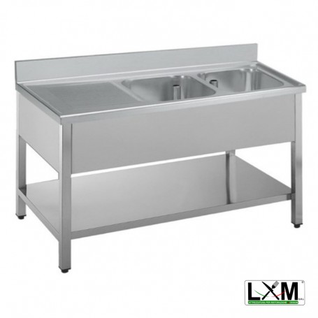 Lavatoio in acciaio inox a 2 vasche con sgocciolatoio a sinistra e ripiano prof. 60 cm