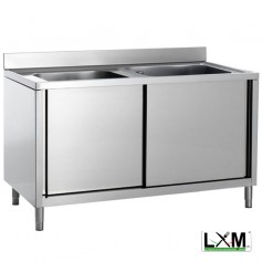 Lavatoio armadiato in acciaio inox con porte scorrevoli a 2 vasche prof. 60 cm