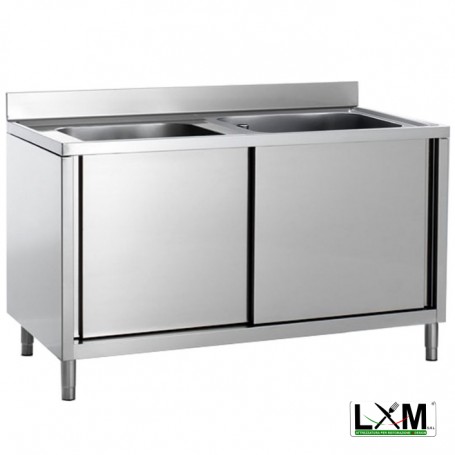 Lavatoio armadiato in acciaio inox con porte scorrevoli a 2 vasche prof. 70 cm