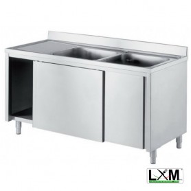 Lavatoio armadiato in acciaio inox con porte scorrevoli a 2 vasche e sgocciolatoio a sinistra prof. 60 cm