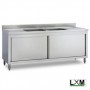 Lavatoio armadiato in acciaio inox con porte scorrevoli a 2 vasche e doppio sgocciolatoio prof. 70 cm