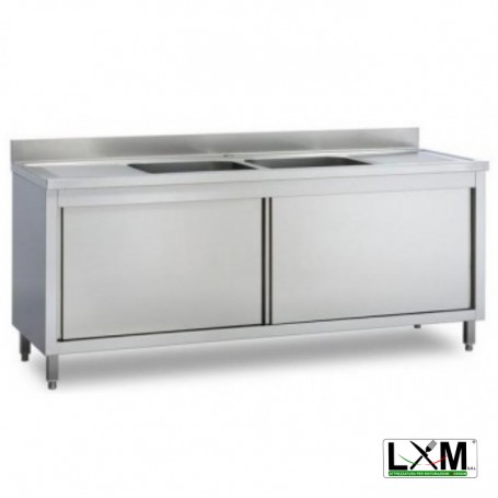 Lavatoio armadiato in acciaio inox con porte scorrevoli a 2 vasche e doppio sgocciolatoio prof. 70 cm