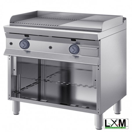 FryTop a Gas con vano aperto prof 90 cm - Piastra Liscia e Rigata - 18 KW