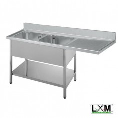 Lavatoio a 2 vasche in acciaio inox con sgocciolatoio a destra,vano lavastoviglie e ripiano prof. 70 cm