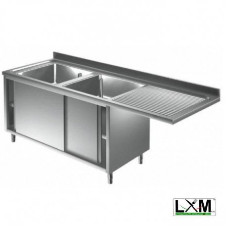 Lavatoio armadiato con porte scorrevoli in acciaio inox a 2 vasche con sgocc. a destra e vano lavastoviglie prof. 60 cm