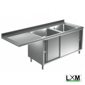 Lavatoio armadiato con porte scorrevoli in acciaio inox a 2 vasche con sgocc. a sinistra e vano lavastoviglie prof. 70 cm