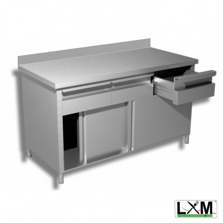 Tavolo da lavoro in acciaio inox con porte scorrevoli,cassettiera orizzontale e alzatina prof. 60 cm
