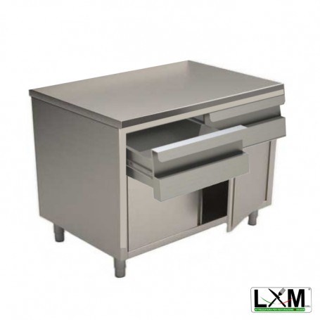 Tavolo da lavoro in acciaio Inox con porte a battente e cassettiera orizzontale prof. 70 cm
