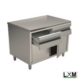 Tavolo da lavoro in acciaio Inox con porte a battente e cassettiera orizzontale prof. 60 cm
