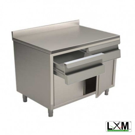 Tavolo da lavoro in acciaio Inox con porte a battente,cassettiera orizzontale e alzatina prof. 60 cm