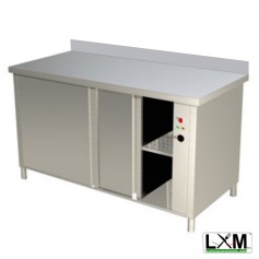 Tavolo da lavoro in acciaio Inox RISCALDATO con porte scorrevoli e alzatina prof. 60 cm