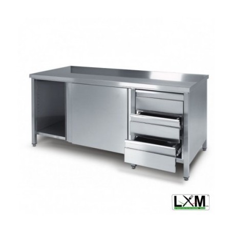 Tavolo da lavoro armadiato in acciaio Inox con cassettiera a destra prof. 60 cm