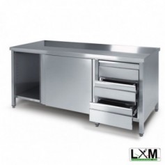 Tavolo da lavoro armadiato in acciaio Inox con cassettiera a destra prof. 70 cm