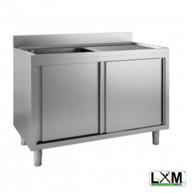 Lavatoio armadiato in acciaio inox ad 1 vasca con sgocciolatoio a destra e porte scorrevoli prof. 60 o 70 cm